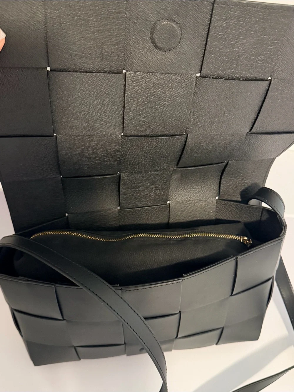Black Woven Leather Messenger Bag for Men